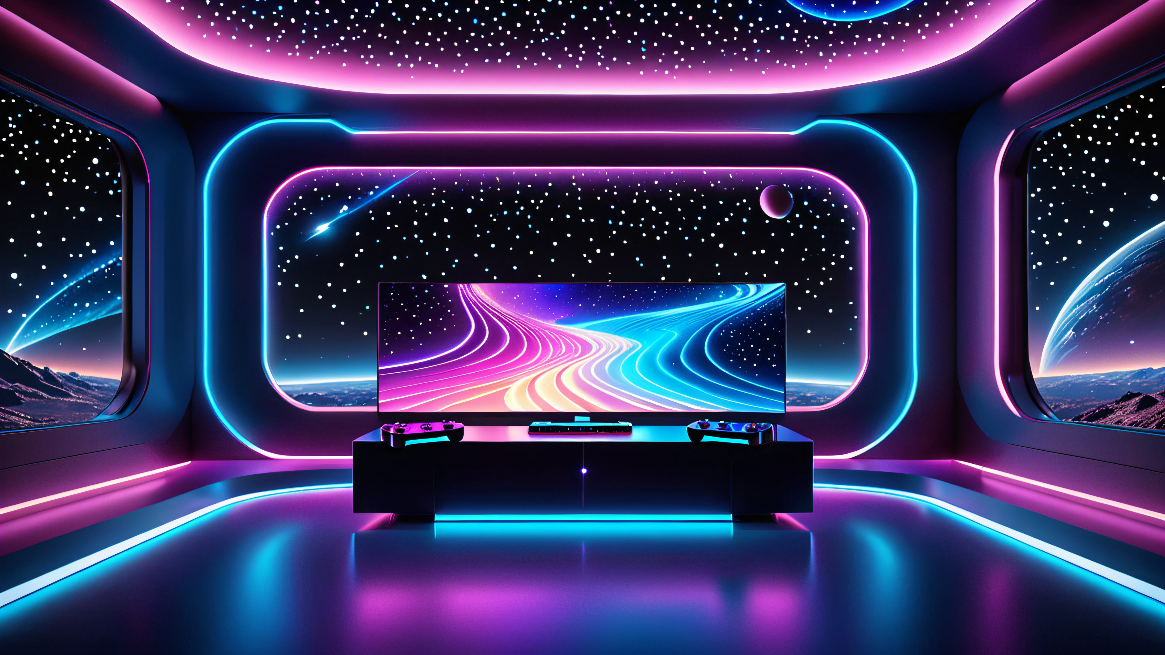 A futuristic console with a holographic display and starry night sky in a 4K desktop wallpaper.
