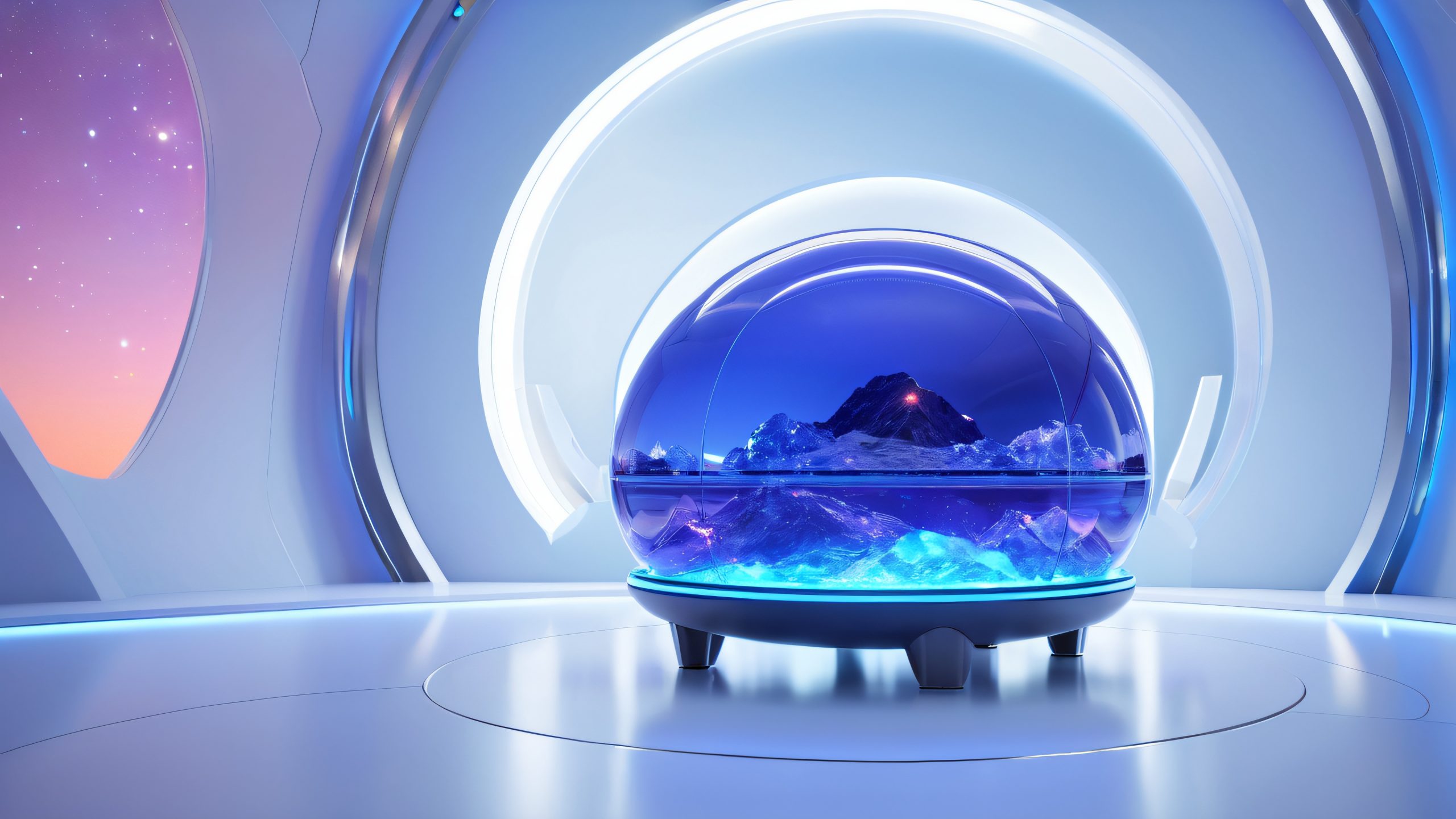 Futuristic Cryo Pod 4K UHD Wallpaper A futuristic cryogenic sleep pod with a glowing blue exterior and a figure inside.