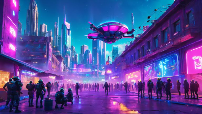 futuristic cyber celebration wallpaper high tech birthday party in a dystopian urban landscape 4k wallpaper scaled