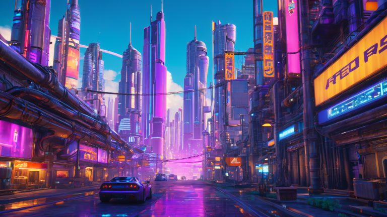 futuristic cyber cityscape wallpaper 4k desktop background scaled