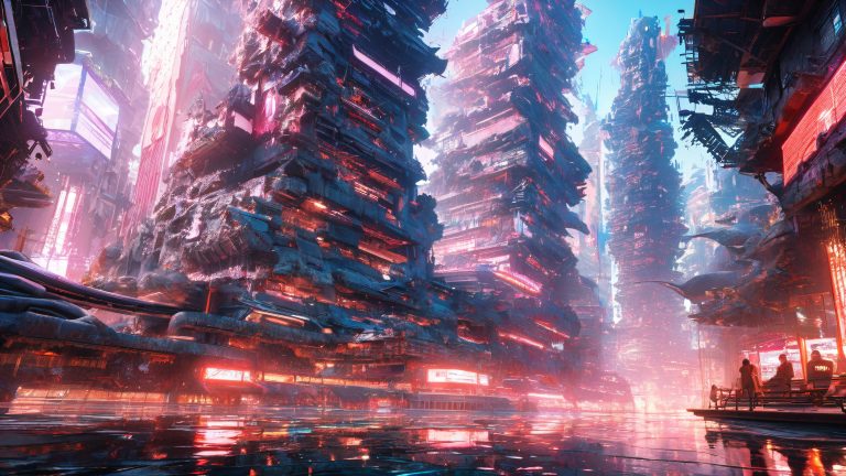 futuristic cyber cityscape wallpaper with robot figure 4k scaled