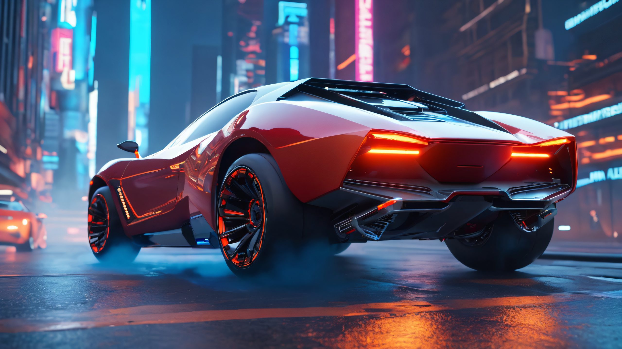 A futuristic battlecar suspended in mid-air amidst digital code and circuitry, suitable for desktop/pc backgrounds.