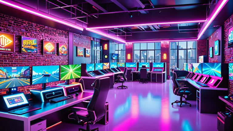 futuristic game studio 4k wallpaper scaled