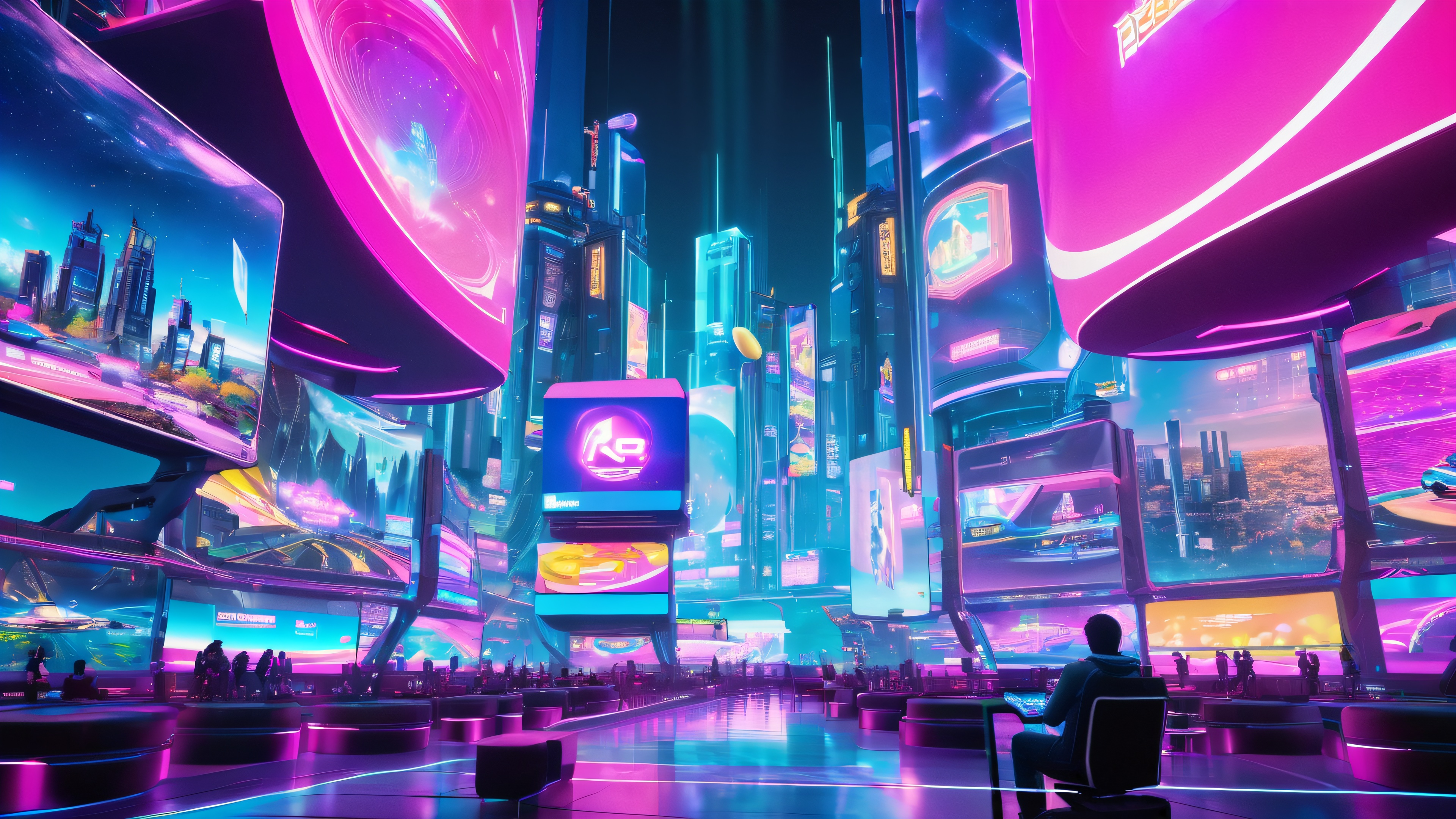 A futuristic gaming arena with a digital gamer surrounded by screens and holographic projections, rendered in high-quality 3D with neon and LED lighting.