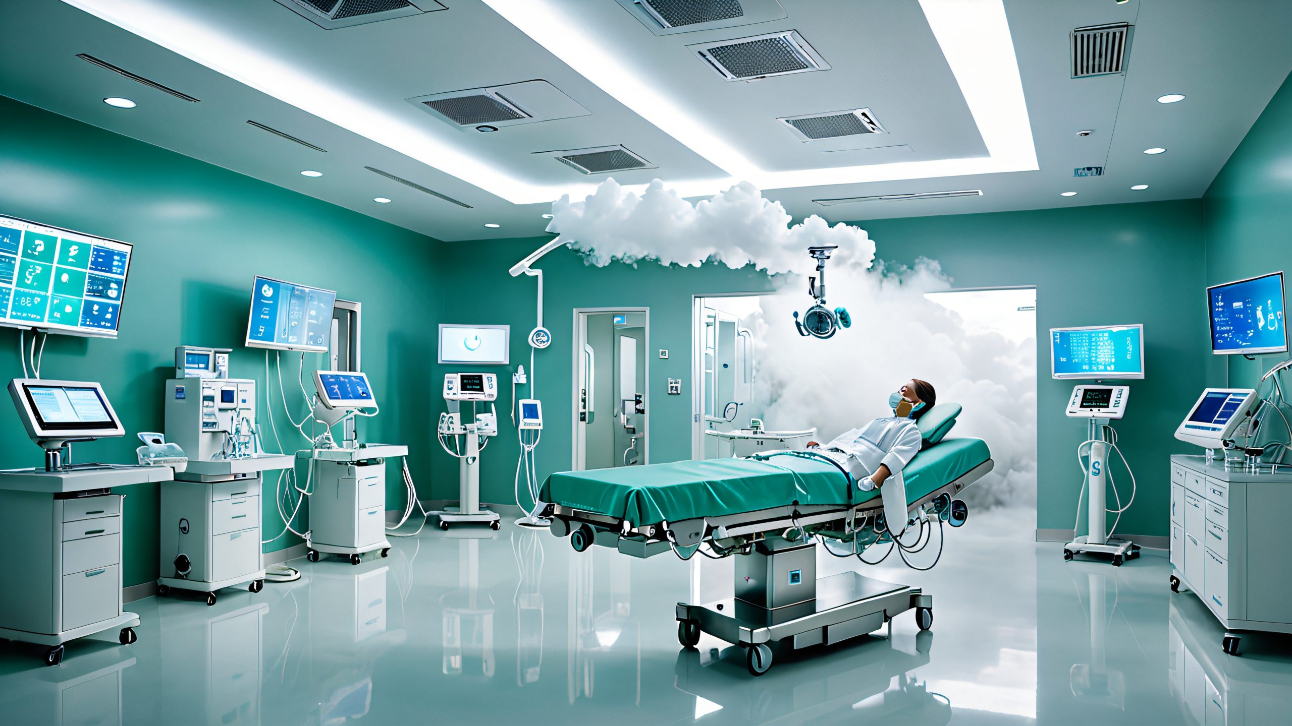 Surreal, high-tech emergency room with patient's vital signs and medical equipment floating above their prone body, surrounded by hospital gases and fog, with medical lights and antiseptic soap, sterile hospital room with stainless steel surfaces, medical machinery, and medical staff uniforms, for desktop/pc use.