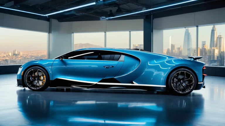 A sleek Bugatti Chiron Pur Sport hypercar on a darkened laboratory desktop with neon lights and cityscape visible through the windows for PC/ Desktop use.