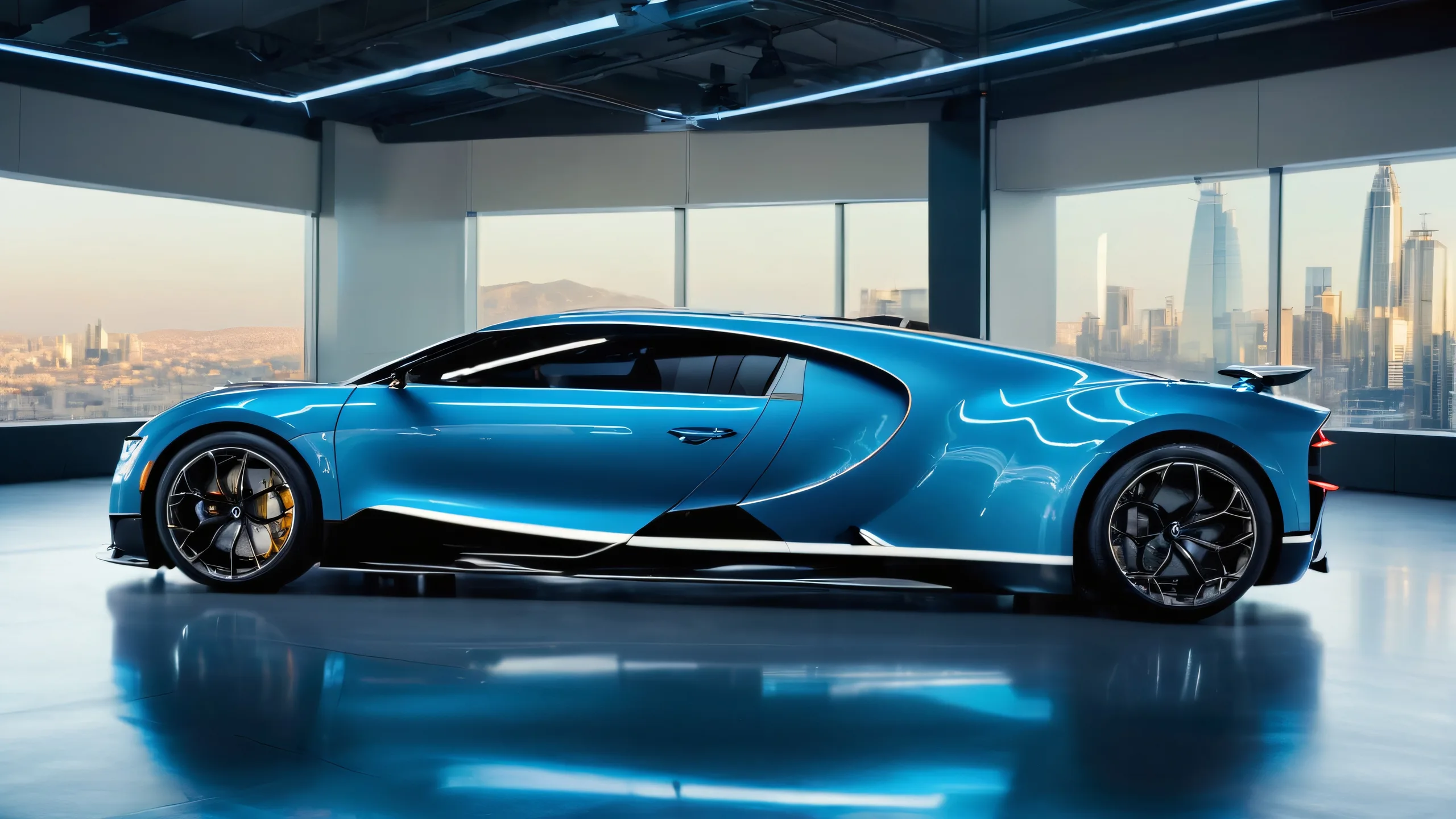 Epic Futuristic Hypercar in Neon Lab 4K Desktop Wallpaper A sleek Bugatti Chiron Pur Sport hypercar on a darkened laboratory desktop with neon lights and cityscape visible through the windows for PC/ Desktop use.