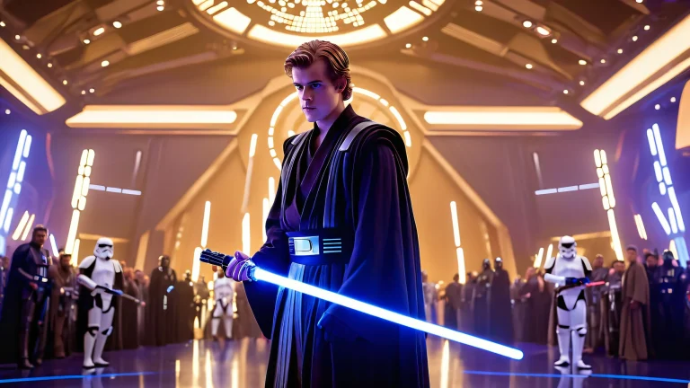 Anakin Skywalker standing confidently in a dimly lit convention hall with Star Wars fans and merchandise. Desktop/PC wallpaper.
