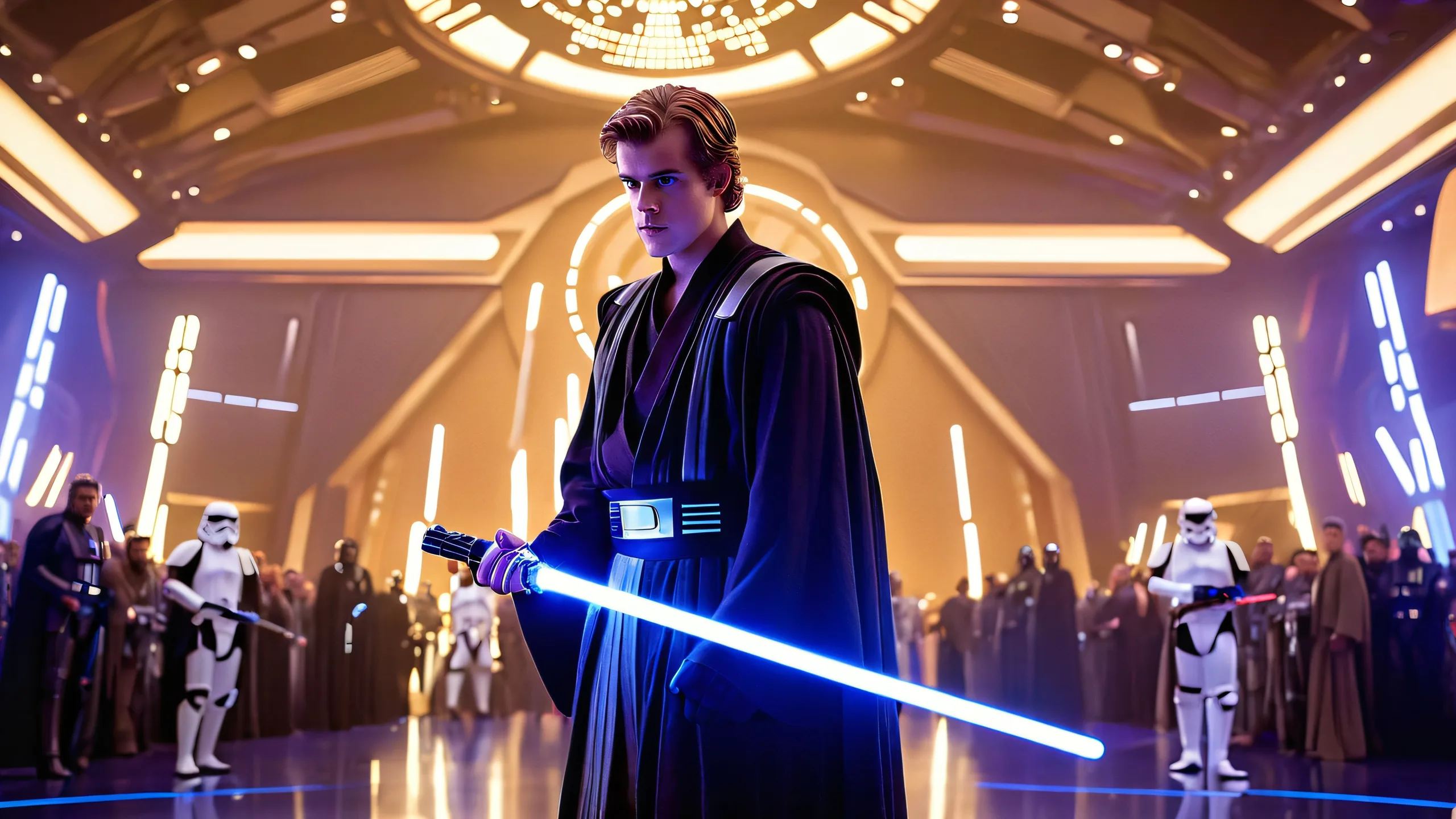 Futuristic Jedi Gathering 4K UHD Widescreen Anakin Skywalker standing confidently in a dimly lit convention hall with Star Wars fans and merchandise. Desktop/PC wallpaper.