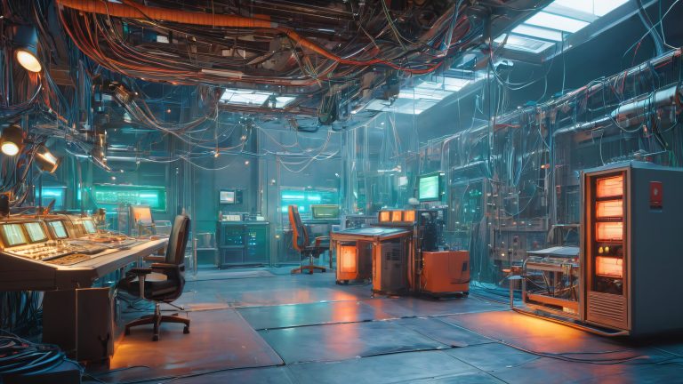 futuristic laboratory chaos 4k wallpaper scaled