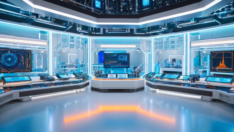 futuristic laboratory holographic screens robotic arms scaled