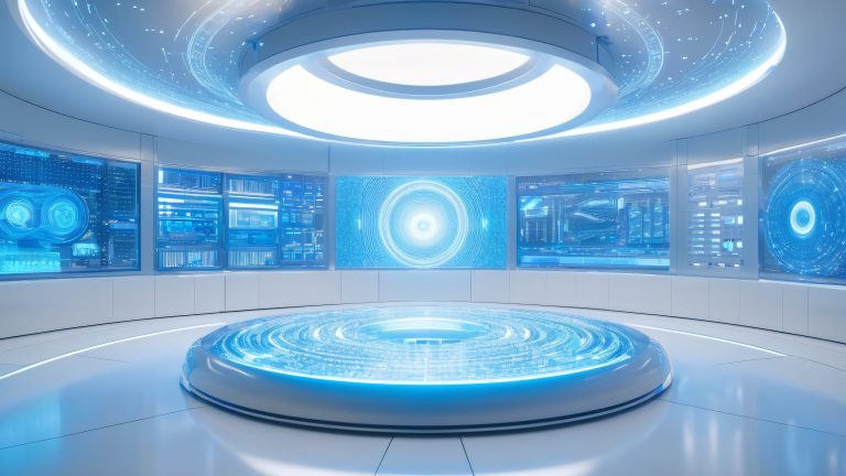 futuristic laboratory swirling particles glowing circuits 4k wallpaper scaled