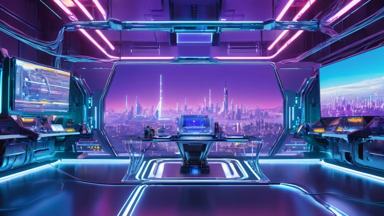 futuristic laboratory wallpaper robotic boss holographic cityscape cyber scaled