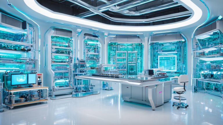 futuristic laboratory wallpaper scientist holographic cityscape 4k conceptual art scaled