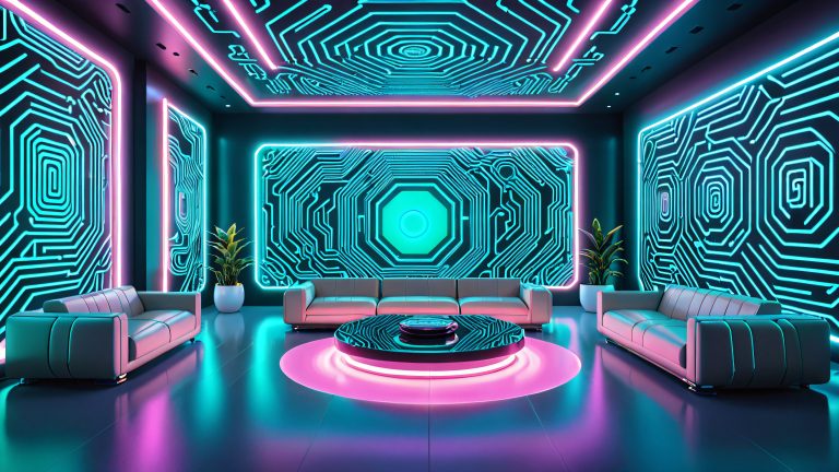 futuristic lounge neon patterns 4k wallpaper scaled