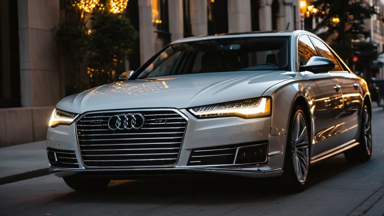Audi A8 front grille with intricate mesh patterns and metallic sheen in stunning 8K resolution