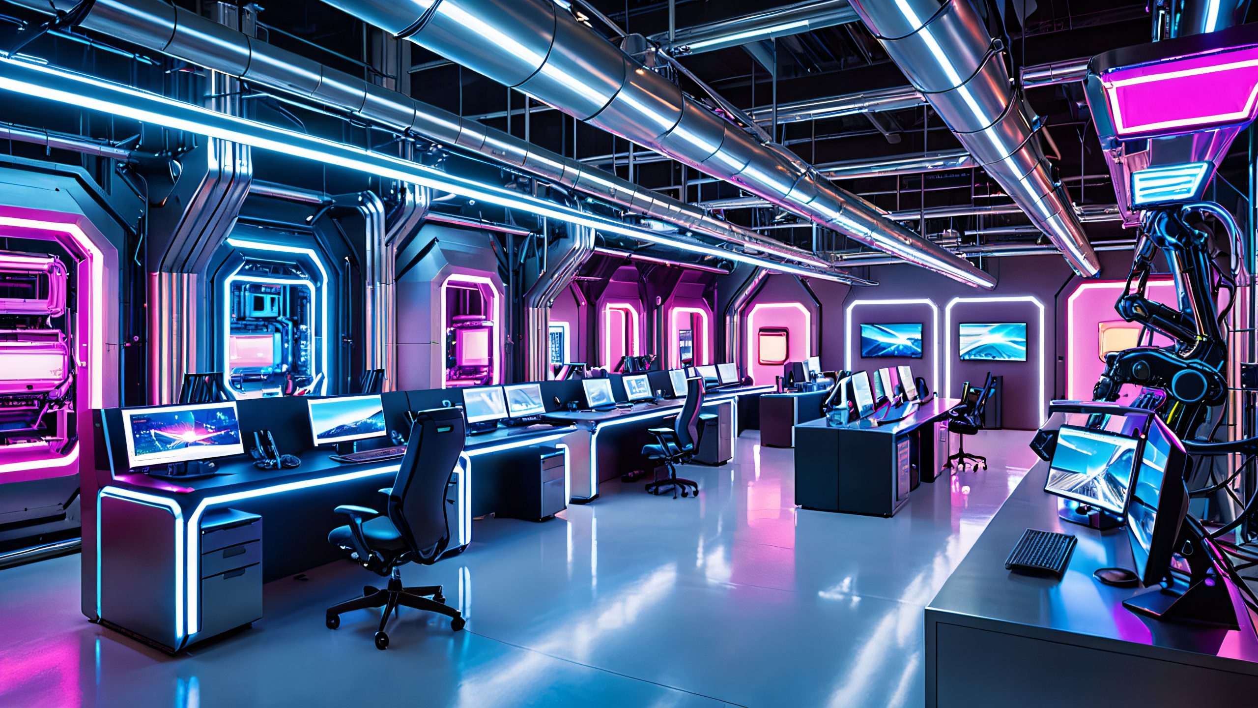 A futuristic desktop wallpaper featuring a high-tech mecha design laboratory with engineers and scientists working on desktops and machinery, surrounded by industrial and metallic elements, for desktop/pc use.