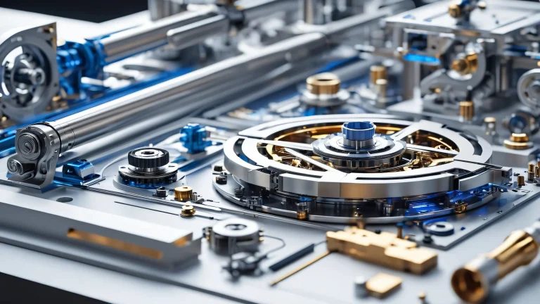 A futuristic mechanical mechanism surrounded by diagrams and tools on a desktop/pc background for a modern industrial design illustration.