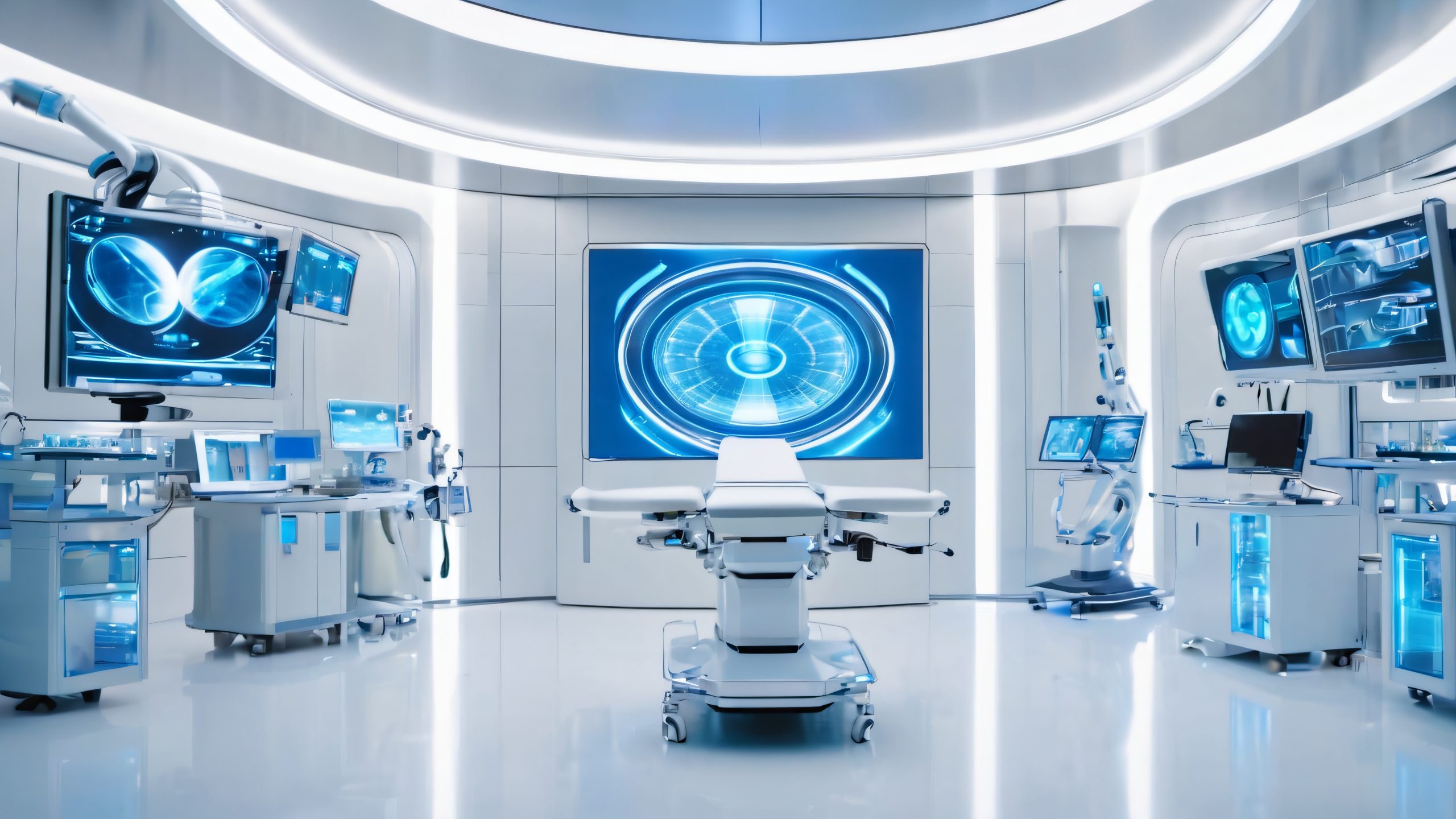 Breathtaking 4K desktop wallpaper of a futuristic operating room with advanced medical equipment, holographic displays, and skilled surgeons.