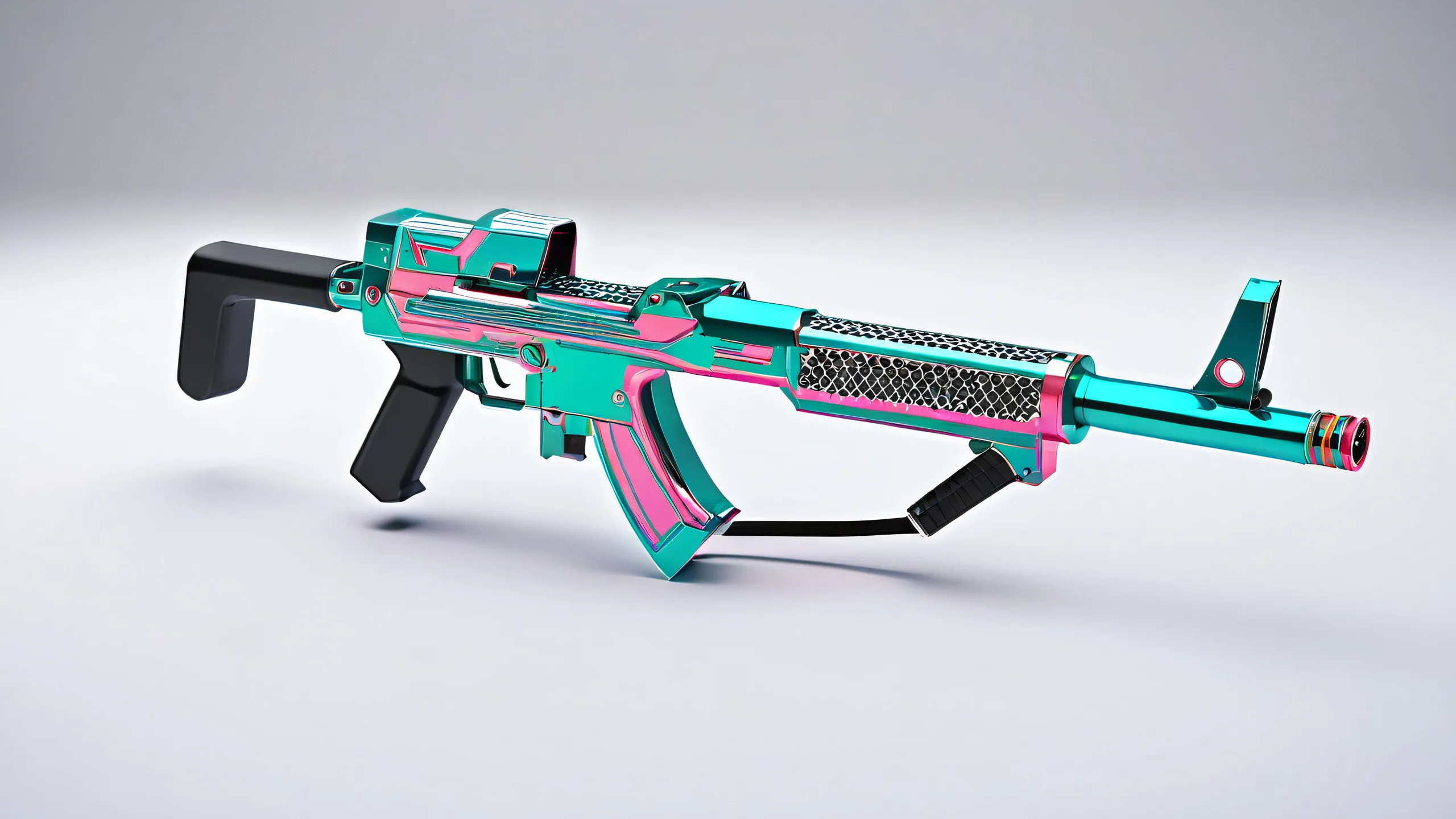 A futuristic desktop wallpaper featuring a 3D modelled Mac-10 gun in a high-tech laboratory setting. Desktop/PC background for your computer.