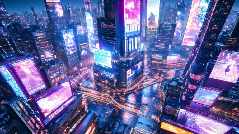 A futuristic cityscape with towering skyscrapers, neon lights, and a sprawling metropolis on a desktop or PC.