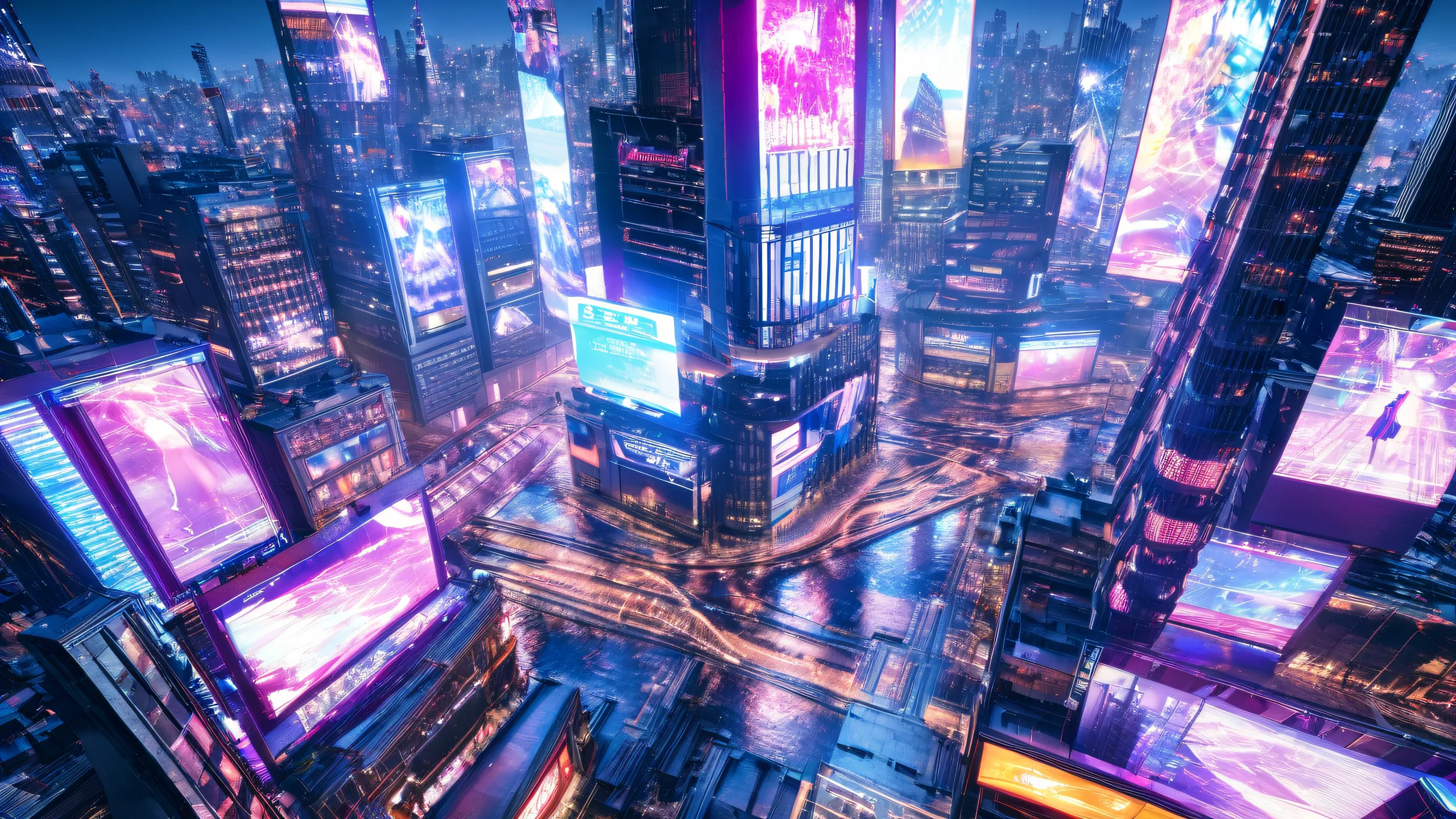 Futuristic Metropolis at Dusk Aesthetic PC Wallpaper A futuristic cityscape with towering skyscrapers, neon lights, and a sprawling metropolis on a desktop or PC.
