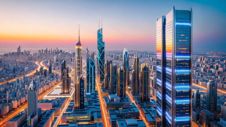 futuristic metropolis dusk scaled