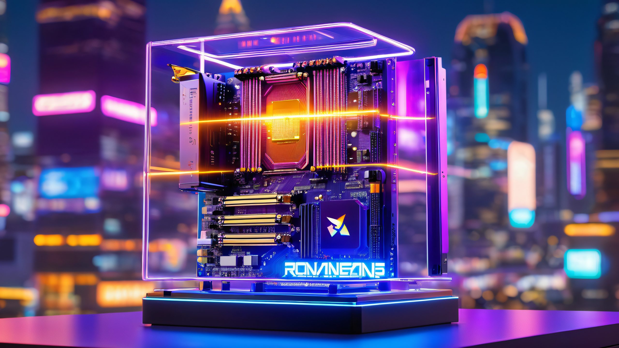 A futuristic motherboard with heat sinks, RGB lighting, and a cityscape on desktop/pc.