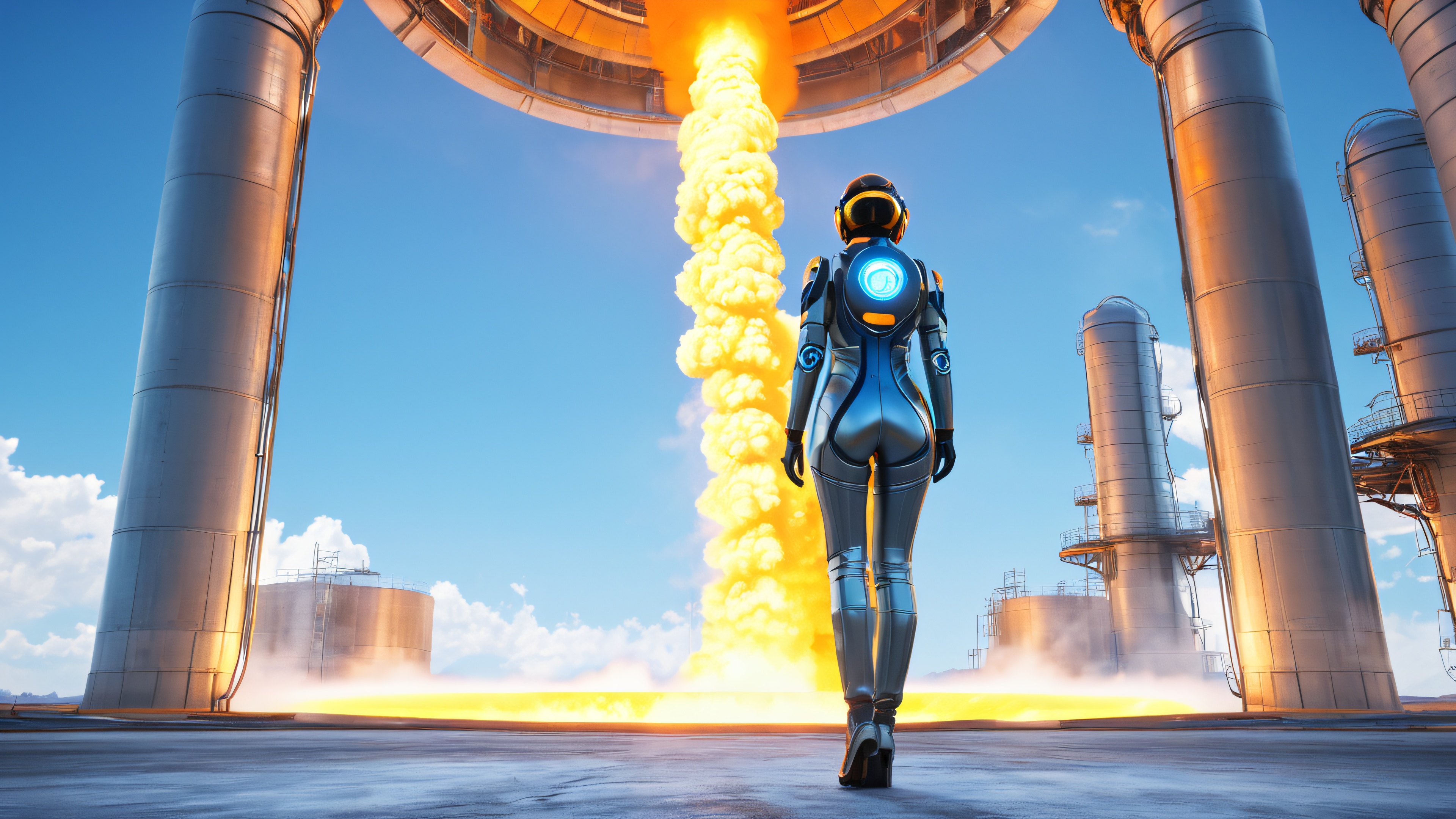 A futuristic nuclear physicist stands at the edge of a glowing nuclear reactor core, surrounded by swirling clouds of steam, in a dimly lit, abandoned nuclear power plant.