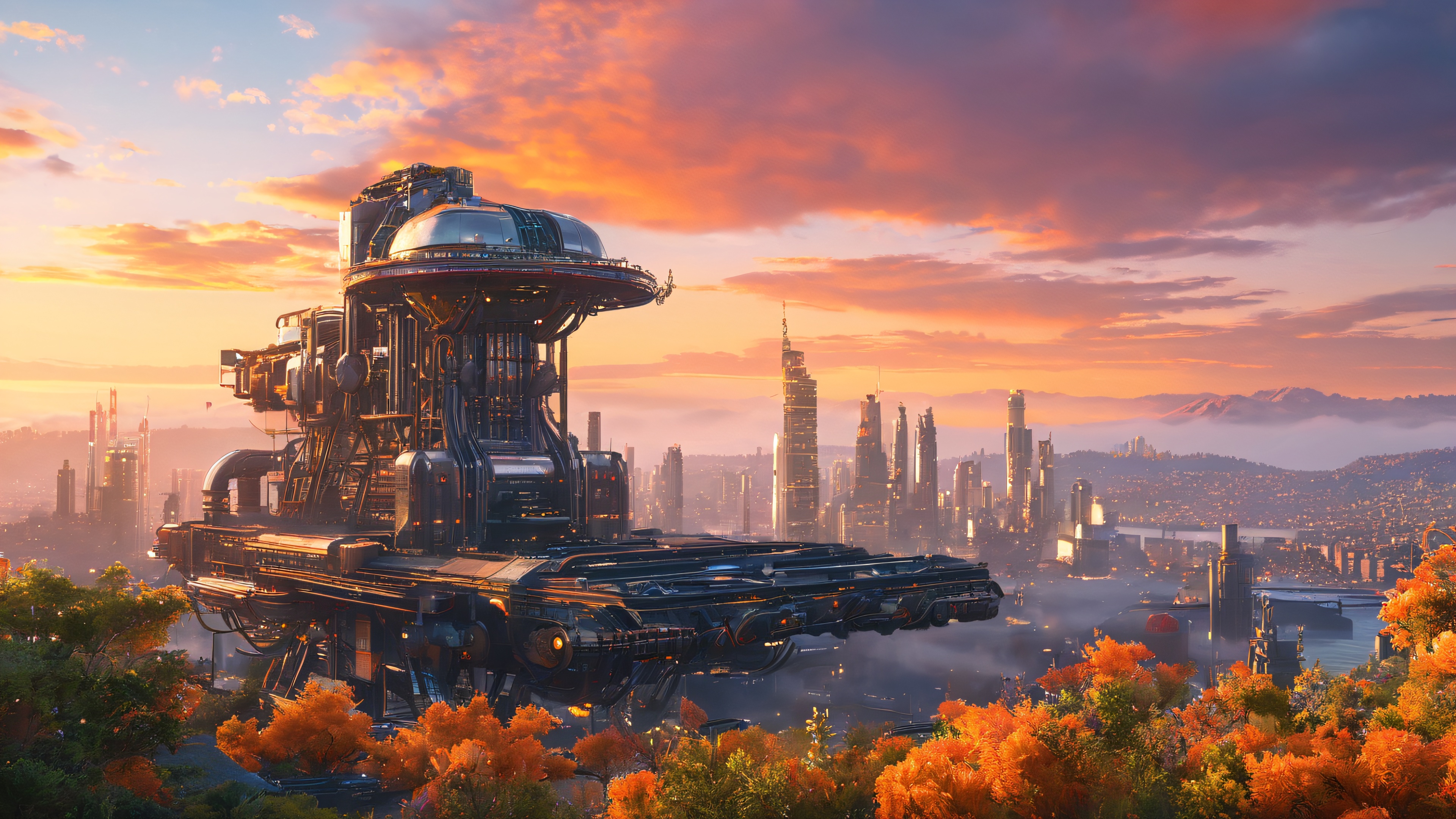 Breathtaking 4K desktop wallpaper of futuristic Rachael from Westworld, standing atop a crumbling industrial relic in a post-apocalyptic cityscape at sunset.