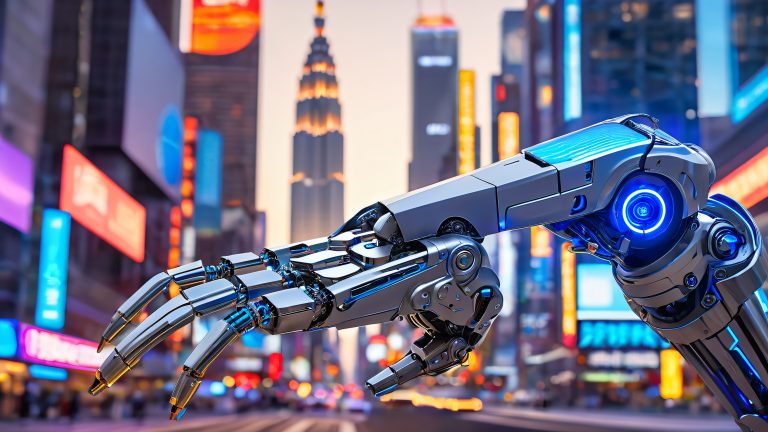futuristic robotic arm meets urban infrastructure scaled