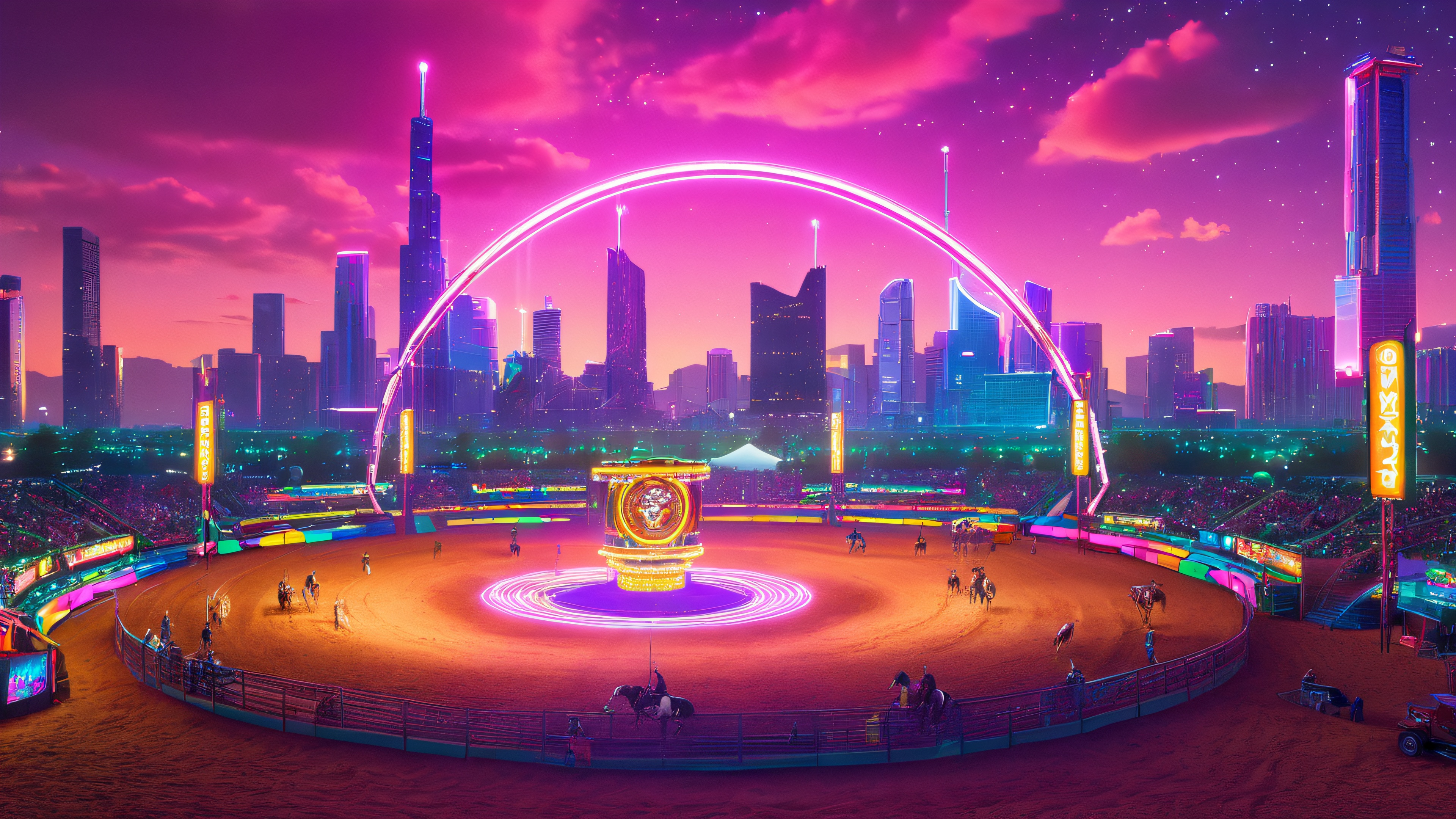 A futuristic rodeo arena with neon-lit cowboy hats, chrome buckles, and LED lights, inspired by Travis Scott's RODEO.