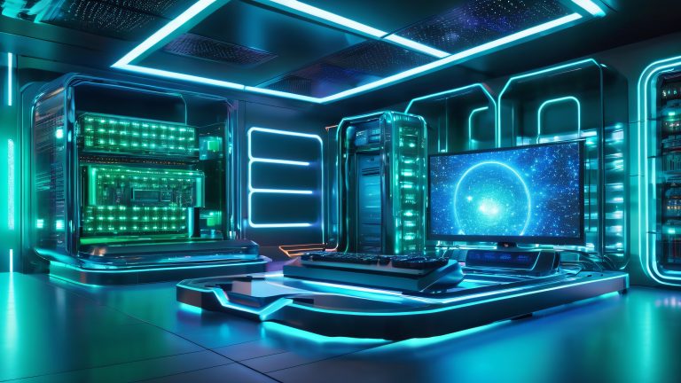 futuristic server room 4k holographic galaxy neon lights scaled