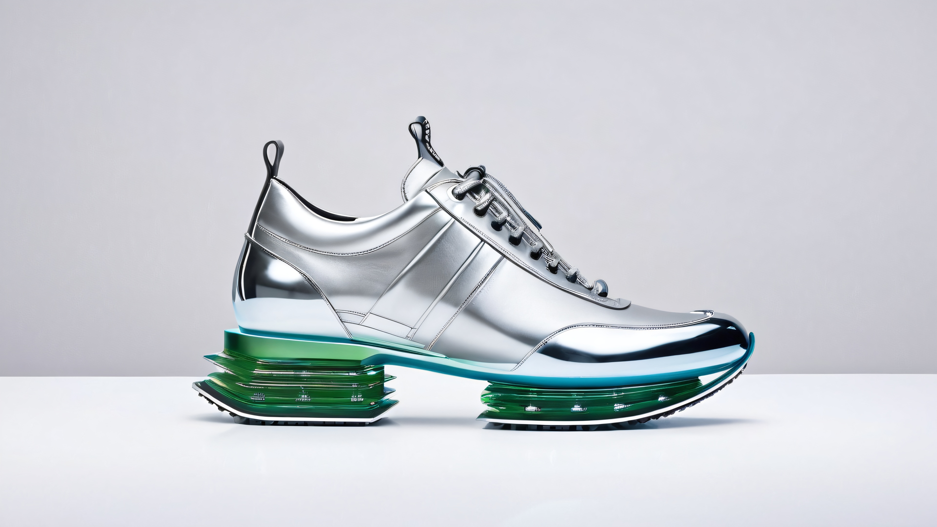 4K wallpaper of futuristic, metallic sneakers with intricate details and textured design