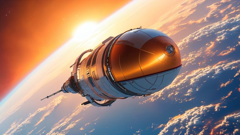 futuristic spacecraft pierces distant planets atmosphere scaled
