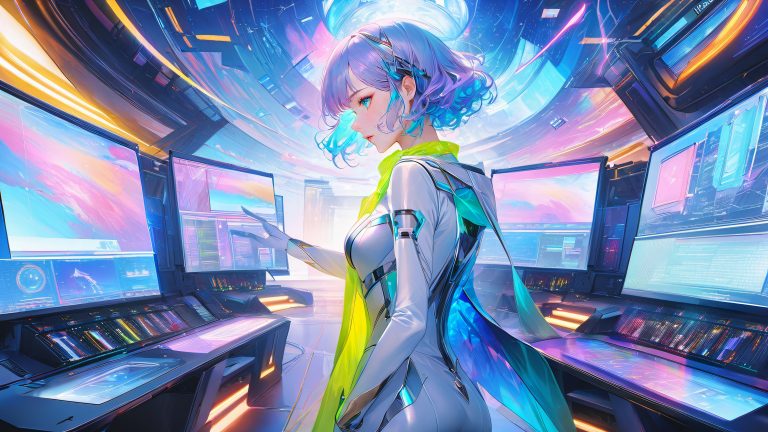 futuristic weathergirl 4k wallpaper vibrant anime control room scene scaled