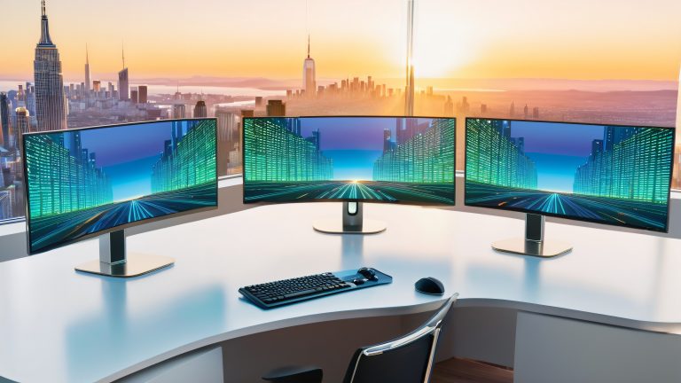 futuristic workstation curved monitors urban cityscape sunset scaled