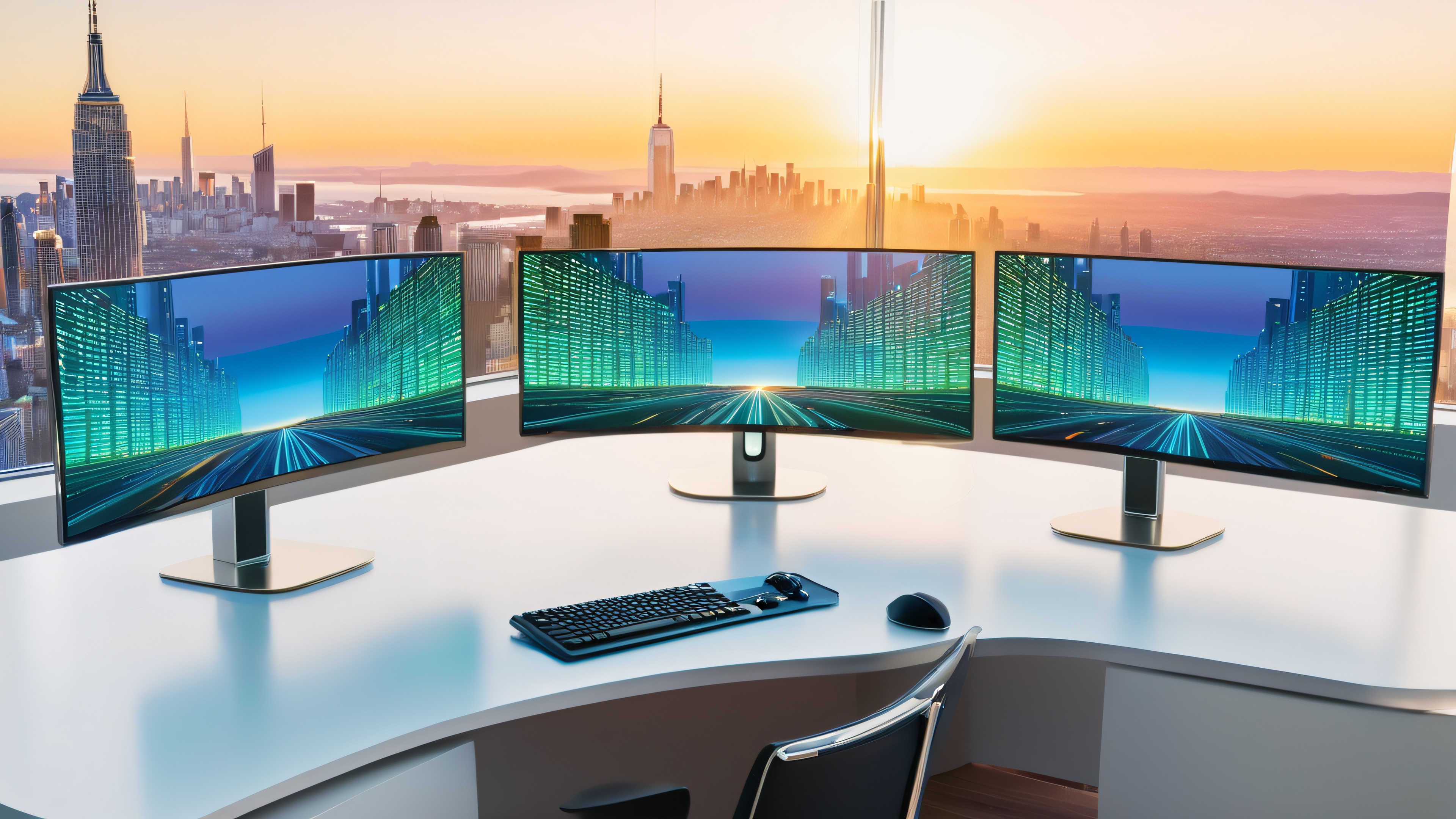 Two curved monitors in a modern workstation, displaying a matrix code and 3D cityscape at sunset, with metallic reflections and golden hour lighting.