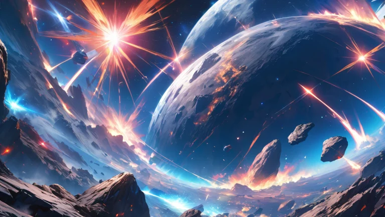 A stunning 4K image of a vibrant asteroid field surrounded by stars and galaxies.