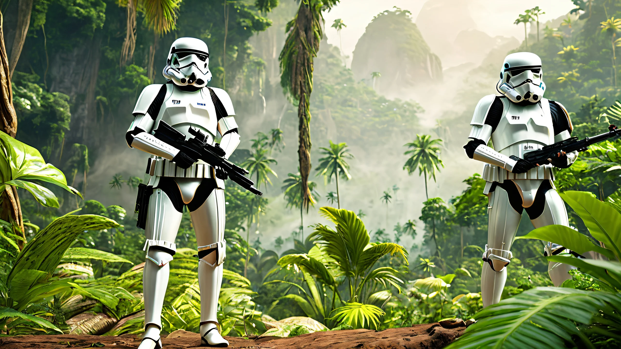 Highly detailed 4K wallpaper of Stormtroopers in a jungle setting, with lush green and brown tones.