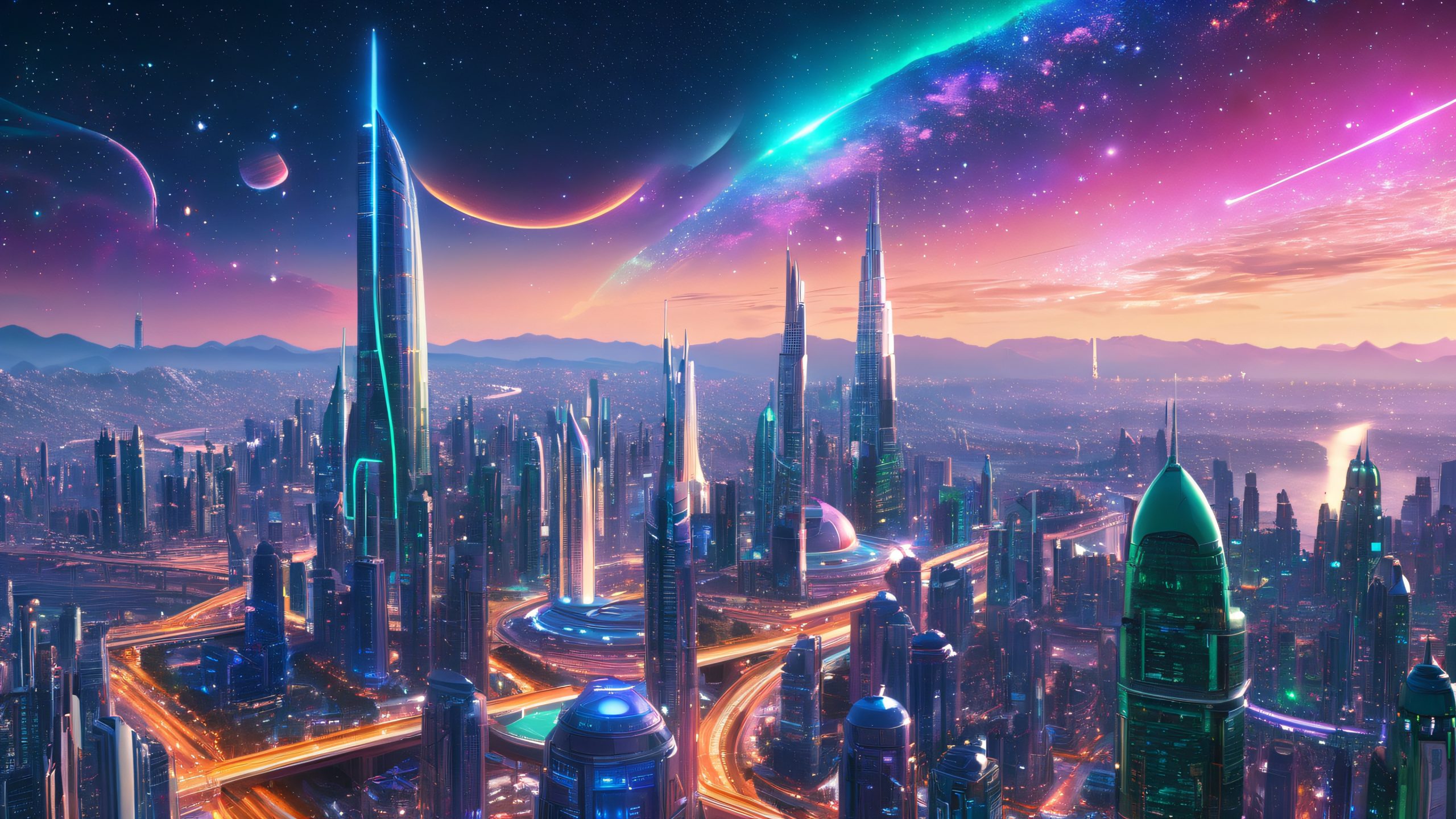 A futuristic cityscape on a desktop or PC, bustling with vehicles and alien life against a starry night sky.