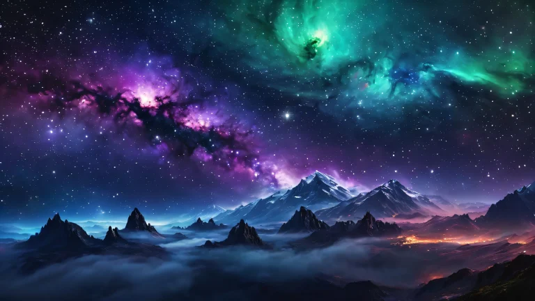 A stunning desktop wallpaper featuring a galaxy with nebulae and stars against a dark background, parfait pour votre PC ou ordinateur de bureau.