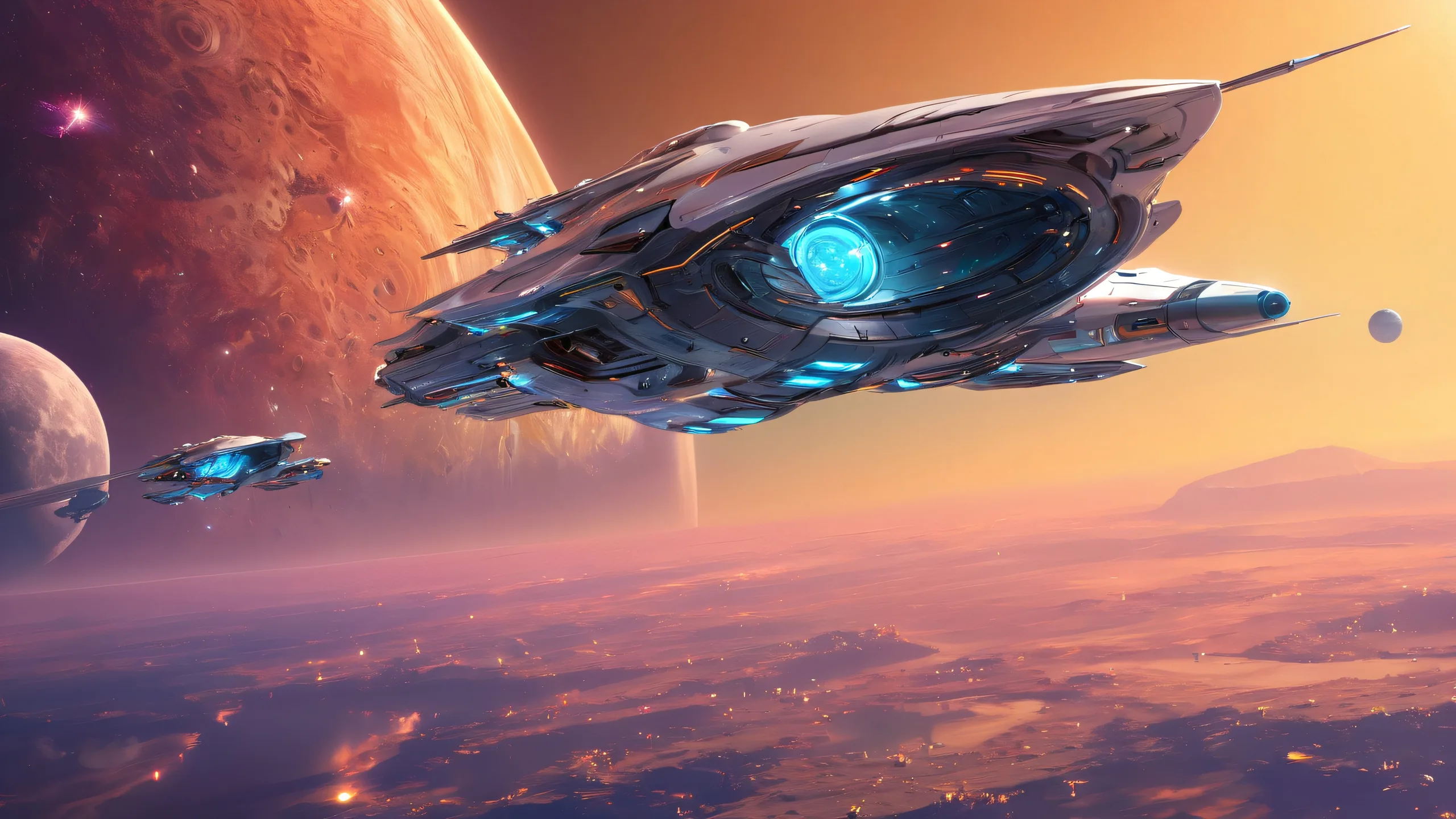 4K Galactic Odyssey in Radiant Colors Desktop Background Award-winning digital art of a spaceship set against a vast, pure void on a desktop or PC.