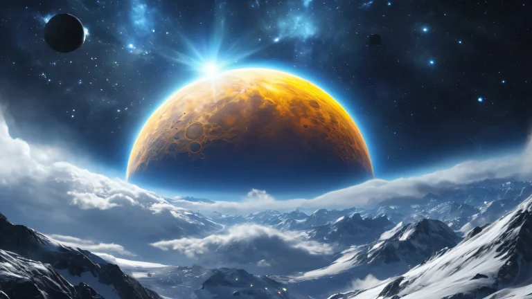 Desktop/PC wallpaper featuring a stunning intergalactic conflict scene with dark space background, minimalist moon phases, and atmospheric mist.