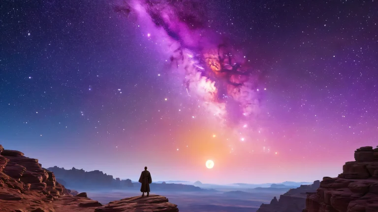 Obi-Wan Kenobi standing heroically on the edge of a precipice overlooking a vast starry galaxy. Suitable for Desktop/PC.
