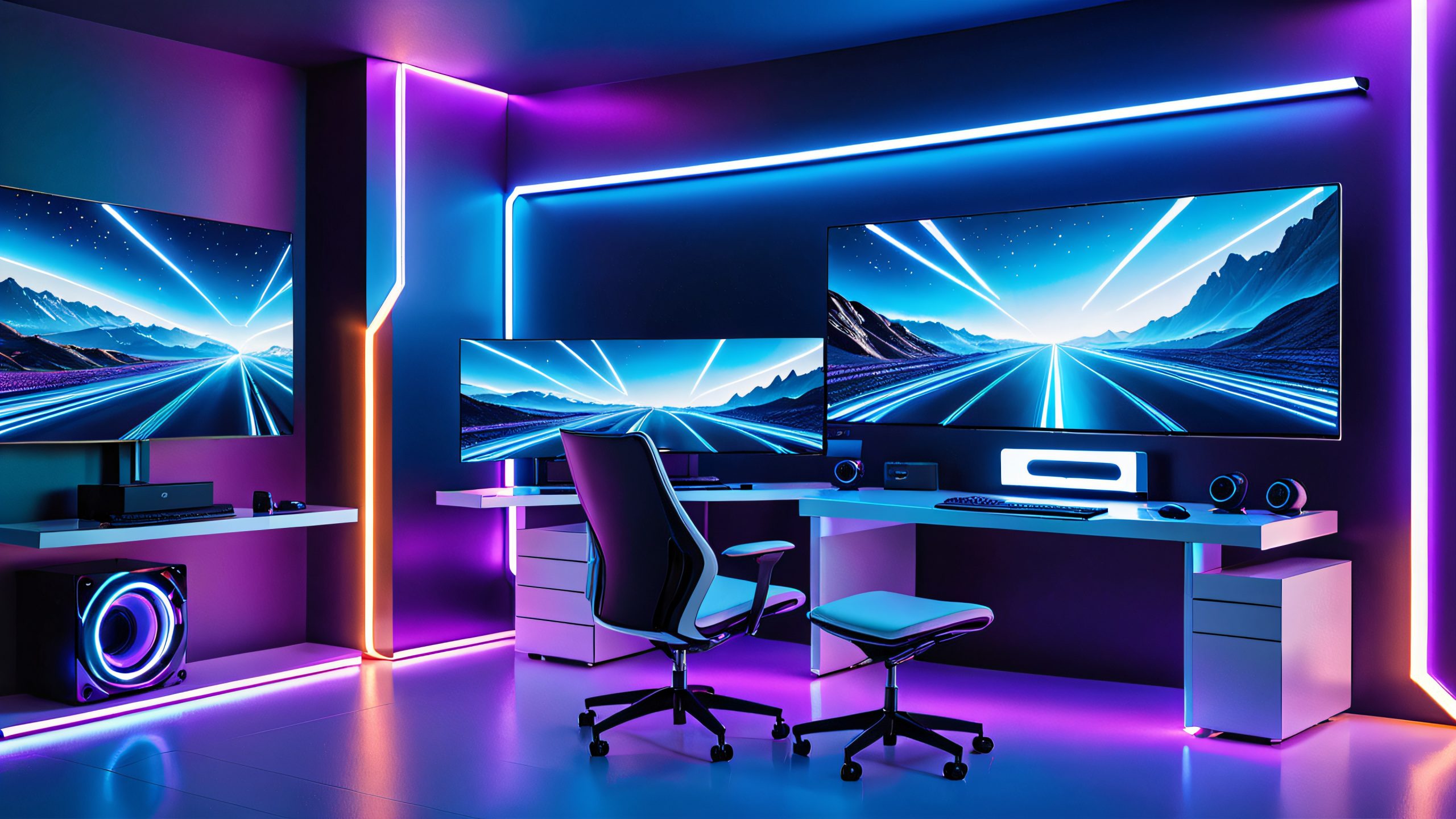 A futuristic gaming setup featuring a £800 OLED monitor, £1800 Huion Kamvas Pro 4K drawing tablet, and a sleek, metallic desk on a dark, minimalist room with a subtle gradient of blues and purples, for desktop/pc use.