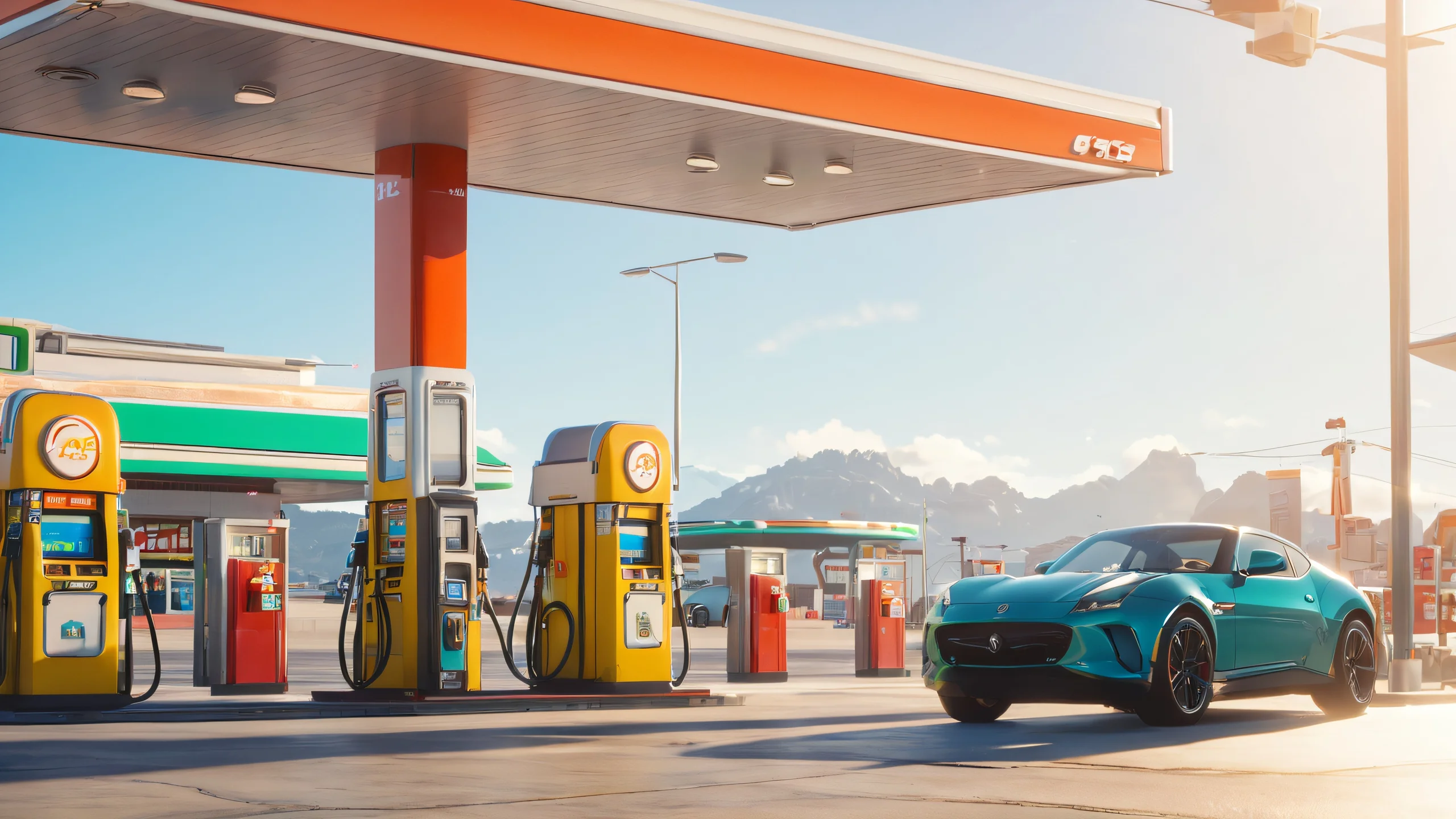 Colorful illustration of a man filling up at a cartoonish gas station on a bright and sunny day.
