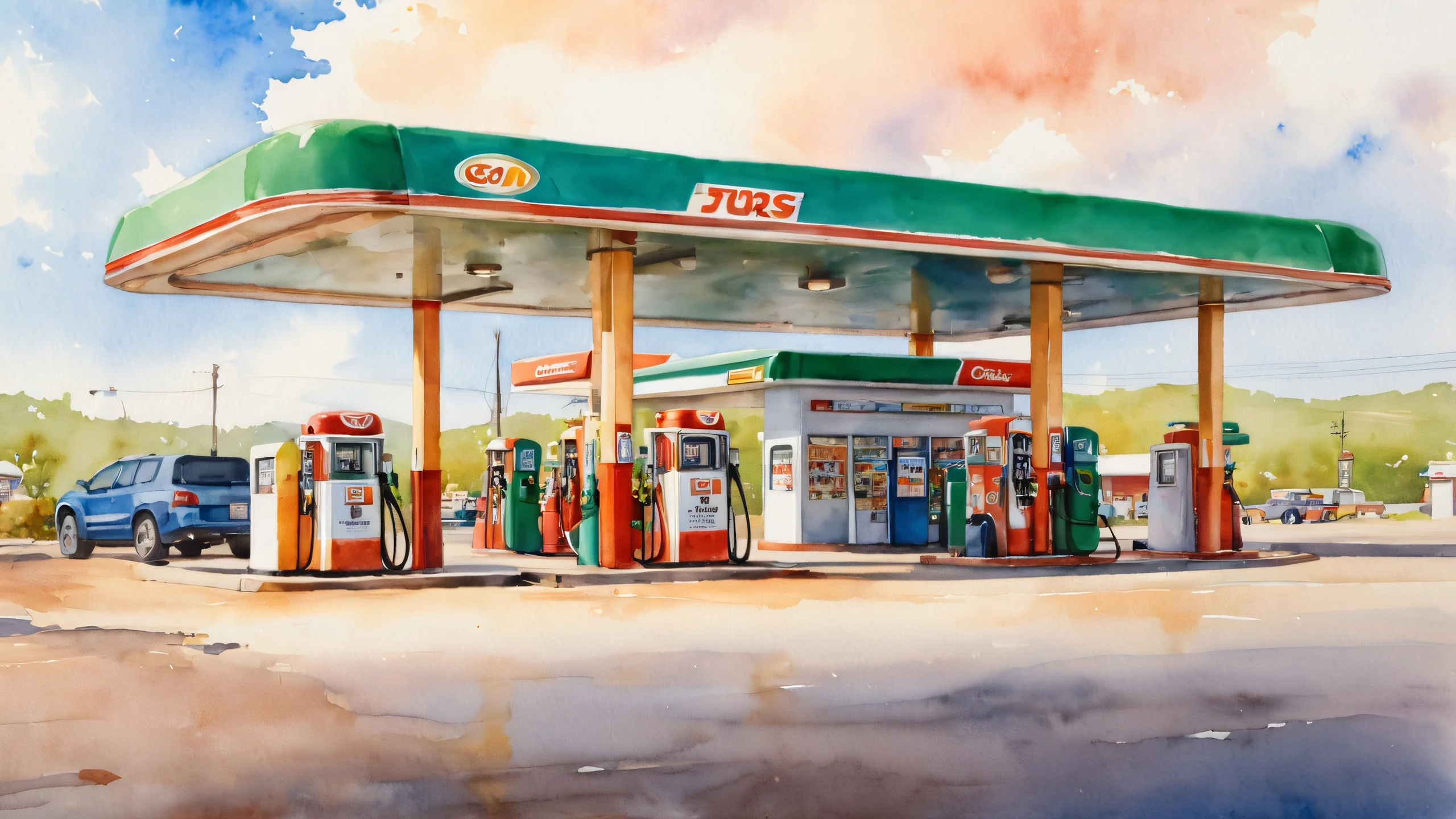 Epic Gas Station Glee 4K Desktop Wallpaper A watercolor depiction of a happy gas station attendant in a bright and cheerful setting.