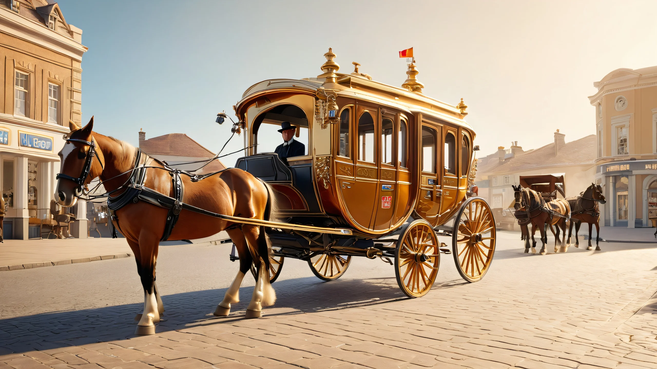 4K Gasoline Pursuit Wallpaper for PC/Mac A vintage illustration of a man riding a horse-drawn stagecoach in front of a gas station, with warm golden and brown tones.
