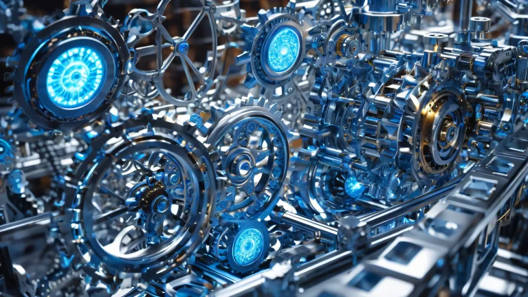 Complex mechanical network suspended in mid-air on a darkened laboratory desktop/pc background.